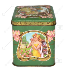 Vintage chocolate tin with images of four seasons and nostalgic ladies