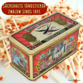 Lata antigua para cerillas de la marca Zwaluw "Säkerhets Tändstickor" desde 1895