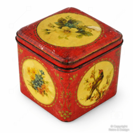 🟥 Vintage Cube-Shaped Tin – Birds & Flowers – Made in Holland