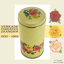 "Nostalgische pracht: Vintage Verkade beschuitbus met gouden craquelé en rozenmotief"