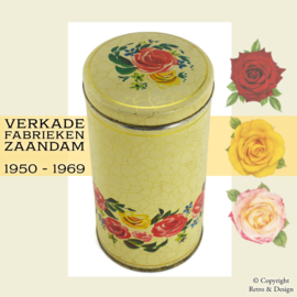 "Nostalgic Beauty: Vintage Verkade Cracker Tin with Gold Craquelure and Rose Motif"