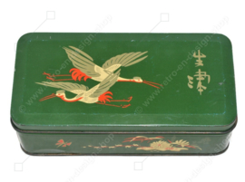 Vintage tea tin by DE GRUYTER with oriental bird decoration in green