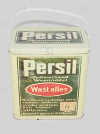 Rechthoekige retro-vintage blikken trommel van Persil voor zelfwerkend wasmiddel, met opschrift: Wast alles!