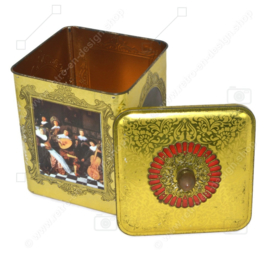 Vierkante blikken trommel met goudkleurige knop met afbeelding schilderijen van Hollandse meesters