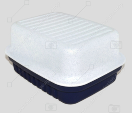 Vintage Tupperware "Cracker Server" con divisor, en azul oscuro y blanco con motas