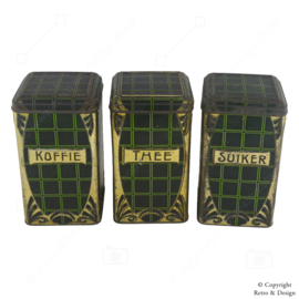 Ensemble de trois boîtes de rangement vintage – Café, Sucre et Thé, style Art déco