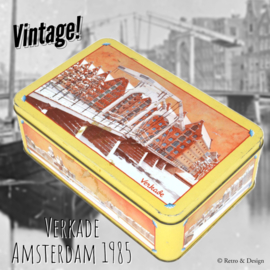 Blikken trommel voor koek van Verkade met afbeeldingen van Amsterdam