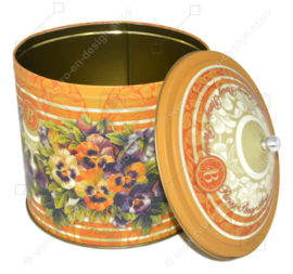 Colourful Italian storage tin for Pandoro cake, with images of violets