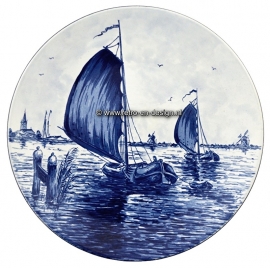 Placa ornamental, Barco de vela. Pintados a mano de cerámica de Delft. Hecho en Holanda