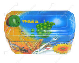 Orange und blaue Blechdose für Wasa Cracker mit Bildern von eine Hahn, Biene, Sonnenblume, Getreide und Obst