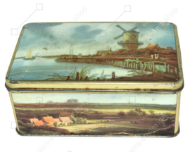 Vintage biscuit tin for De Gruyter with landscapes by Jacob Ruisdael, including the Wijk bij Duurstede windmill