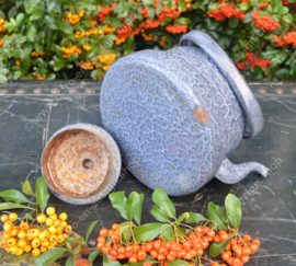 Grey cloudy, enamelled brocante water kettle with handle