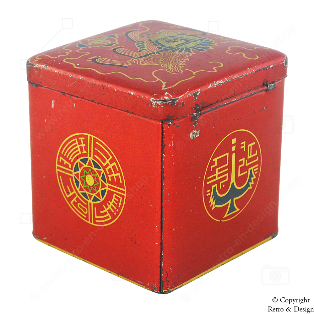 Vintage Van Nelle Teedose – Lotus-Tee-Würfel mit orientalischem Löwendesign (1950–1980)