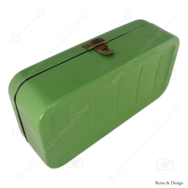 Brocante reseda green enamel metal bread bin with closure and handle
