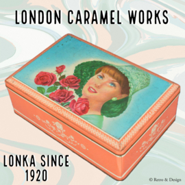 Middelgroot vintage toffeeblik van Lonka met nostalgische afbeelding van vrouw met rozen