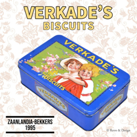 Vintage meerkleurig blik van Verkade met moeder en kind in nostalgisch design