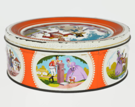 Round vintage Mackintosh's Quality Street candy tin, scarecrow