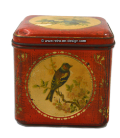 Vintage boîte étain rouge, en forme de cube avec des oiseaux et des fleurs