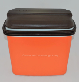 Vintage 1970s orange cooler with brown lid made by Curver