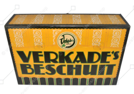 Large yellow vintage shop or counter tin for "VERKADE'S BESCHUIT"