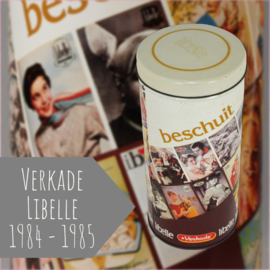 Lata de galletas o bizcochos Verkade vintage cilíndrica con portadas de la revista Libelle, edición aniversario
