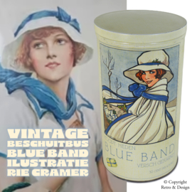 Entdecken Sie das niederländische Erbe: Vintage Blue Band Beschuitdose mit Rie Cramer Illustration