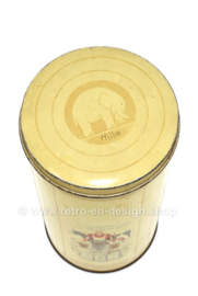 Round, white rusk tin with drawn representations of rusk ingredients by HILLE