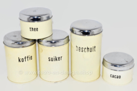 Set mit fünf Vintage Blechdosen von Brabantia für Kaffee, Tee, Zucker, Zwieback, Kakao