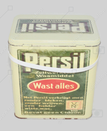 Rectangular retro-vintage tin by Persil for self-acting detergent, with the inscription: Washes everything!