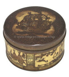 Round vintage tin with a picture of a galleon and Indian tribes