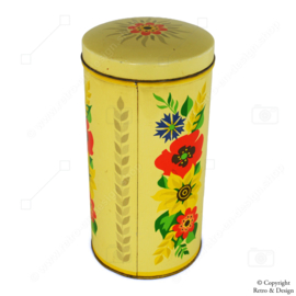 Zylindrische Gelbe Vintage-Zwiebackdose von Verkade mit farbigen Blumen: Eine historische Reise (1950-1980)