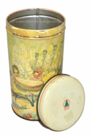 Zylindrische Vintage Keksdose von De SPAR mit märchenhaften Figuren