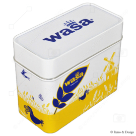 Boîte vintage en jaune, blanc et bleu fabriquée par Wasa pour ranger des crackers