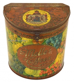 Halbrunde zylindrische Blechdose von Van Melle's Toffees. Uralte Vintage Blechdose  mit Früchten dekoriert