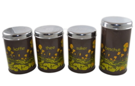Vintage Brabantia Tin containers for tea, coffee, sugar, rusk and hot plate in brown with buttercups flower decoration