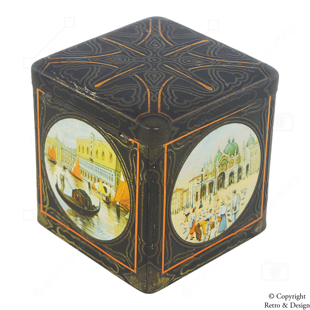 Vintage Van Houten Dose – Würfelförmig mit farbenfrohen Venedig-Motiven
