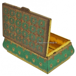Vintage blikken kistje in groen/goud met scharnierend deksel