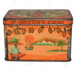 Lata de cacao vintage rectangular con tapa abatible, "De Gruyter's cocoa", marca naranja