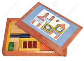 Vintage wooden construction box with coloured wooden blocks by "VERO"