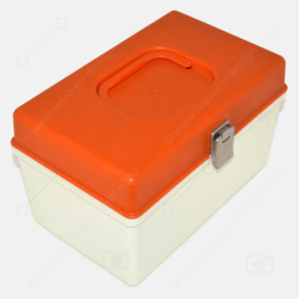 Small 'CURVER' sewing box or sewing case from the 1970s. Cream with orange lid