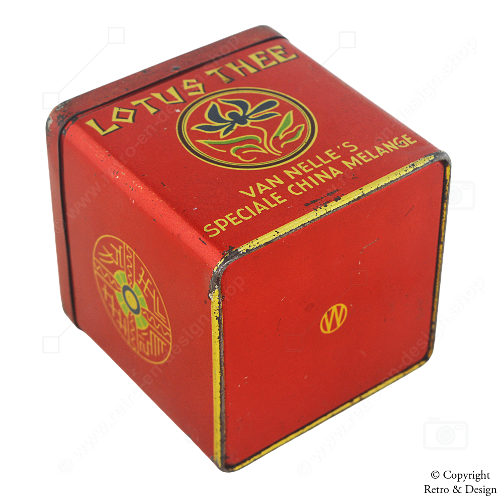 Vintage Van Nelle Teedose – Lotus-Tee-Würfel mit orientalischem Löwendesign (1950–1980)