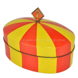 Ovale vintage koektrommel in rood en geel, in de vorm van een circustent voor Bolletje