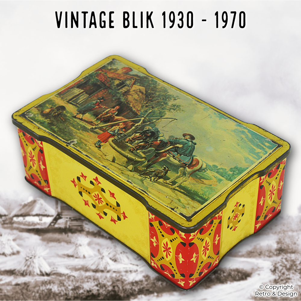 Lata Vintage de Casa Rural con Tapa Abatible | Lata Antigua Decorativa 1920–1970