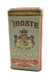 Square tin with hinged lid, "Droste's Cacao", in red and light-blue