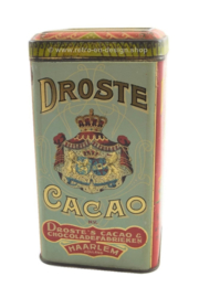 Vierkant blik met scharnierend deksel, "Droste's Cacao", rood en lichtblauw