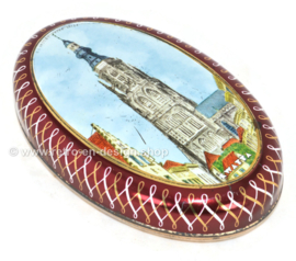 Vintage ovale blikken chocoladedoosje van Kwatta met kleurenfoto grote Kerk - Onze Lieve Vrouwe Kerk Breda