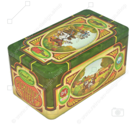 Boîte vintage pour le thé Pickwick par Douwe Egberts avec l'image de l'entraîneur, des chevaux et de l'auberge