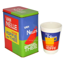 Lata de van Nelle café y té con taza de barro