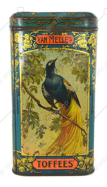 Vintage candy tin for toffees (Fudge) by Van Melle with various images of ornamental birds such as the Bird of Paradise, Ara and Peacock