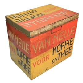Large rectangular Van Nelle storage tin for coffee and tea in yellow, red and black